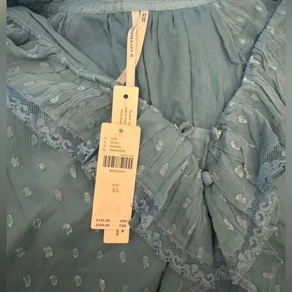 NWT Size XS - By Anthropologie Long-Sleeve V-Neck Ruffled Tunic Dress Turquoise - Picture 16 of 16
